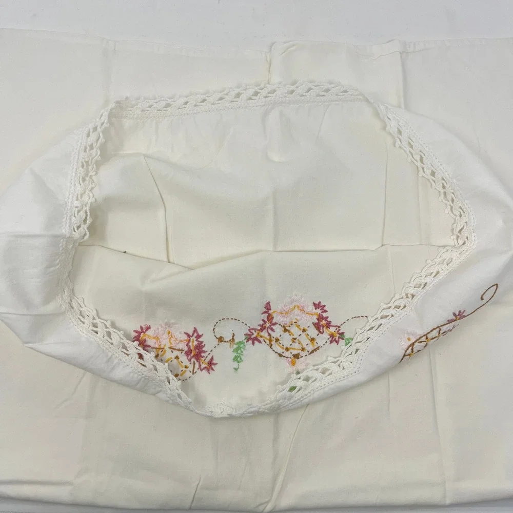 VTG Hand Embroidered Floral Pillowcase White Cotton Crochet Lace Trim Standard